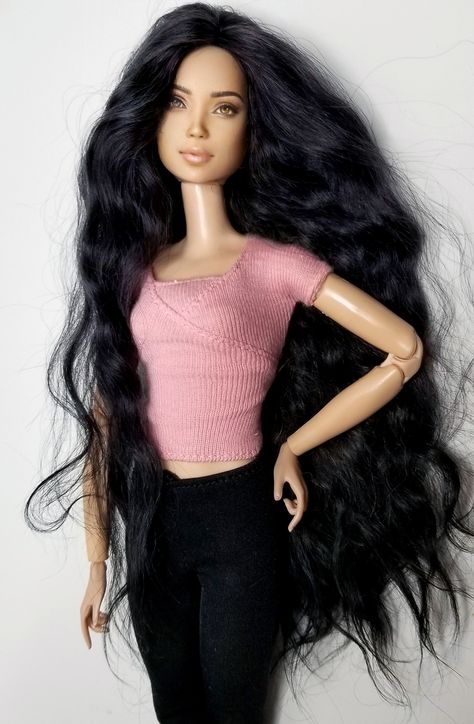 OOAK custom Barbie doll wearing a long black wig (post glue head disaster). Barbie Long Hair, Barbie With Black Hair, Brown Hair Barbie, Black Hair Barbie, Barbie Dolls Black, Dolls With Long Hair, Curly Hair Barbie Doll, Making Wigs, Black Hair Barbie Doll