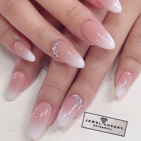 French Ombre Nails Almond Wedding, Wedding Nails With Jewels, Sparkly Spring Nails, Bridal Nails Ideas, Jewels On Nails, Bride's Nails, Nails With Jewels, Brides Nails, Coffin Art