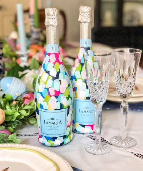 Bedazzled Liquor Bottles, Lamarca Prosecco, Custom Champagne Bottle, Hand Painted Wine Bottles, Painted Bottle, Painted Wine Bottles, Champagne Bottles, Cricut Craft Room, Easter Brunch