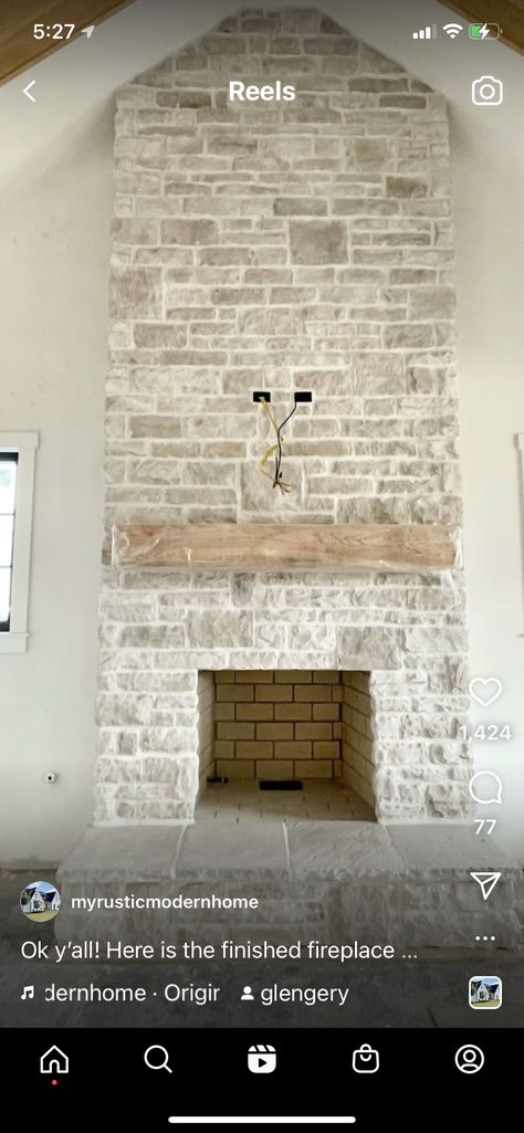 European Cottage Fireplace Ideas, Natural Fireplace Mantle, Limestone Mantel Fireplace, Whitewash Brick Exterior Ranch, Blonde Brick Fireplace, Fireplace Feature Wall Ideas Stone, Refacing A Fireplace, Wooden Mantle Stone Fireplace, German Smear Stacked Stone Fireplace