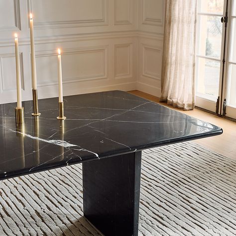 Modern Rectangular Dining Tables for Dining Rooms and Kitchens | CB2 Granite Dining Table Black, Black Marble Dinner Table, Black Marble Dining Table Decor, Black Marble Table Dining, Dining Room Marble Table, Black Marble Top Dining Table, Black Dining Table Decor, Marble Dining Table Design, Marble Table Dining