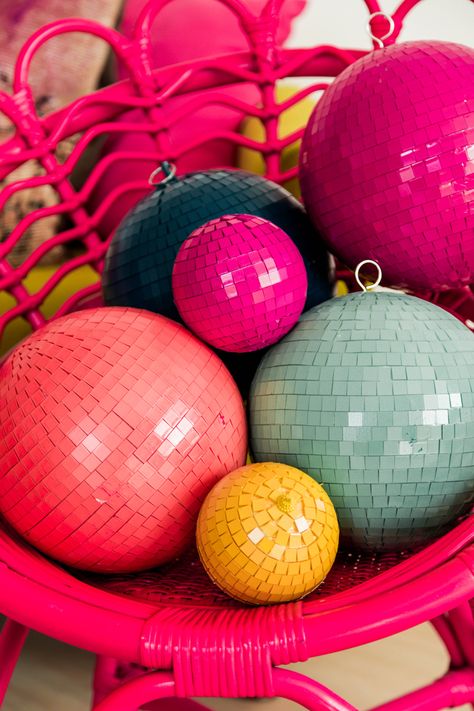 Boho Disco Christmas Tree, Disco Ball Window Display, Decorating With Disco Balls, Disco Ball Balloon Garland, Disco Ball Baby Shower Ideas, Paint Disco Ball, Disco Christmas Decorations, Disco Balls Decor, Disco Crafts