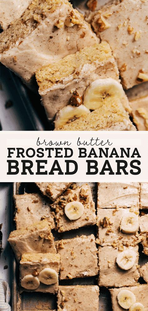 These banana bread bars are made extra special with brown butter and brown butter frosting! They're soft, moist, and full of flavor. #brownbutter #bananabread #bananabreadbars #butternutbakery | butternutbakeryblog.com Brown Butter Banana Bread Bars, Banana Brownies With Brown Butter, Banana Bread With Brown Butter, Butternut Bakery Banana Bread, Banana Bread Bars Brown Butter Frosting, Banana Bread Bars With Brown Butter Frosting, Brown Butter Frosted Banana Bread, Best Chocolate Chip Muffins, Banana Bread Bars