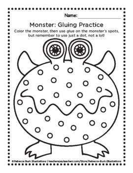 Monster Gluing Practice WorksheetStudents color the monster, then practice gluing by using glue on the monster's spots using just a dot, not a lot! (We used tinted glue for our preschool class.) This worksheet is perfect for use in pre-K and kindergarten settings, homeschool or as a fun activity!The... Monster Sensory Activities, Kindergarten Glue Practice, Monster Week Preschool, Gluing Practice Preschool, Monster Worksheets Preschool, Monster Fine Motor Activities, Glue Worksheets Preschool, Glue Dot Practice Sheets Free, Glue Practice Preschool