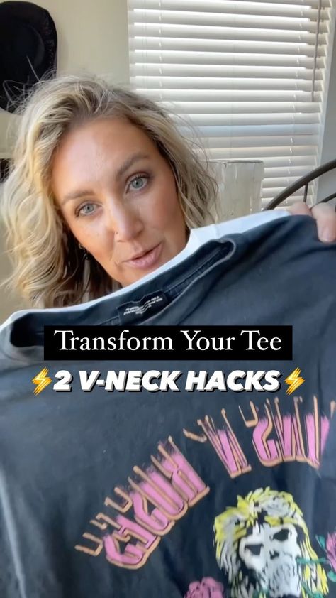 Liz Gregor-Style and Outfit Inspo | Makeup | Wanna level up your TShirt collar?? 🙋🏼‍♀️ Here are two ways to make that boring collar into a v-neck! ⤵️ Comment your favorite…1, 2 or… | Instagram How To Make A T Shirt V Neck, Make T Shirt V Neck, How To Turn A Crew Neck Into A V Neck, Tshirt Into Vneck Diy, T Shirt V Neck Diy, Crew Neck Into V Neck Diy, Diy Deep V Neck Shirt, Make Crew Neck Into V Neck Tee Shirts, How To Make A T Shirt Into A V Neck