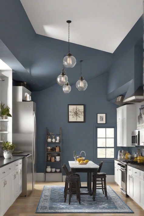 charcoal blue paint, kitchen wall paint, white rug, room painting cost Blue Wall Kitchen Ideas, Blue Kitchen Walls, Grey Kitchen Walls, Light Oak Floors, Grey Blue Kitchen, Blue Painted Walls, Moms Kitchen, Charcoal Walls, Dark Blue Paint