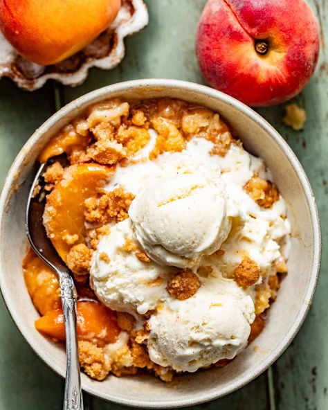 Cast Iron Skillet Peach Cobbler - Britney Breaks Bread Peach Cobbler Skillet Recipe, Cast Iron Skillet Peach Cobbler Recipe, Mini Cast Iron Skillet Peach Cobbler, Skillet Peach Crisp, Peach Cast Iron Dessert, Strawberry Cheesecake Bars Recipes, Skillet Peach Cobbler, Best Peach Cobbler, Strawberry Cheesecake Bars