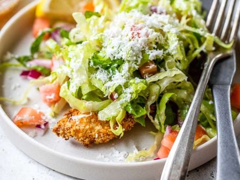 Air Fryer Chicken Milanese with Mediterranean Salad Recipe - Whisk Best Air Fryer Chicken, Saucy Chicken, Mediterranean Salad Recipe, Fried Chicken Cutlets, Chicken Milanese, Salad Chicken, Breaded Chicken Breast, Chicken Breast Fillet, Mediterranean Salad