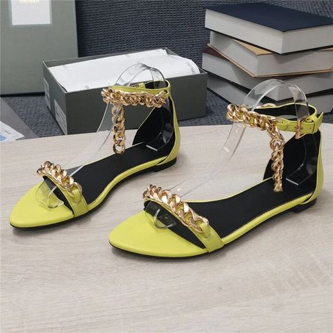 VCSHOES Chains Embellished One-Strap Sandals Women Flat Heel Open Toe Patent Leather Multicolor Outwear Shoes as show-35 Multicolor Shoes, Strap Sandals Women, Sandals Women, Strap Sandals, Summer Shoes, Womens Flats, Patent Leather, Open Toe, Sandals