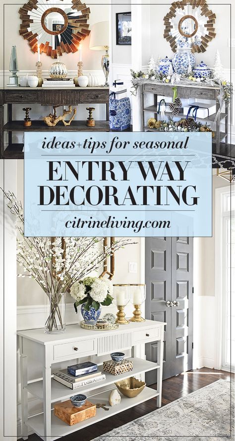 FRONT ENTRYWAY DECORATING IDEAS FOR EVERY SEASON Front Enterence Ideas Entryway, Decorating Entryway Table, Decorating Console Table, Unique Entryway Ideas, Entranceway Ideas, Front Entryway Decor, Entrance Inspiration, Entryway Decorating, Front Hallway