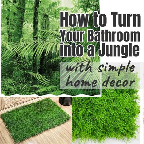 jungle bathroom ideas - How to turn your bathroom into a jungle with simple home decor ideas Bathroom With Jungle Wallpaper, Tropical Theme Bathroom Ideas, Bathroom Jungle Theme, Jungle Inspired Bathroom, Jungle Bathroom Theme, Forest Inspired Bathroom, Jungle Theme Bathroom Ideas, Rainforest Room Decor, Jungle Themed Bathroom