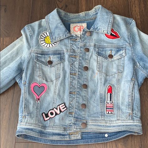 Gb Denim Jacket With Patches -Never Worn -Good Condition -One Small Stain On The Front -No Tears -Patches Are Sewn On Jean Jacket With Patches, Denim Jacket With Patches, Jacket With Patches, Jean Jacket Patches, Jean Jacket For Girls, Denim Jacket Patches, Iron On Patch, Walker Boots, Pajama Shirt