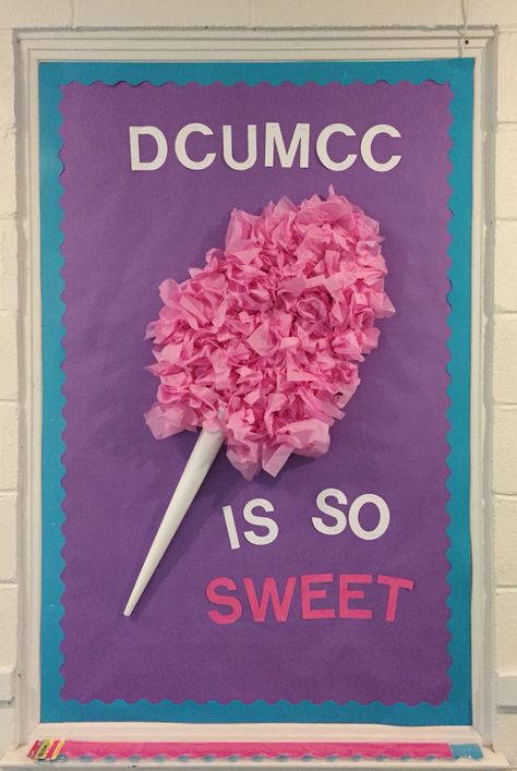 My new Cotton candy bulletin board! Cotton Candy Door Decoration, Cotton Candy Bulletin Board, Candy Bulletin Board Ideas, Cotton Candy Crafts, Candy Bulletin Boards, Carnival Bulletin Boards, Birthday Candy Table, Candy Theme Classroom, Sunday School Classroom Decor