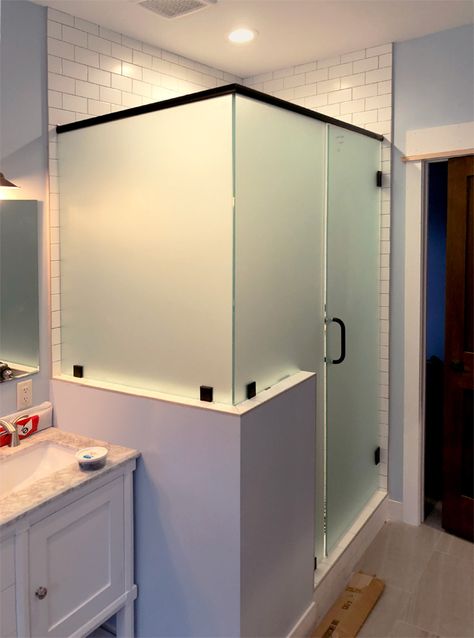 Frosted heavy glass shower enclosure adds some privacy Frosted Shower Door, Frosted Shower Doors, Frosted Glass Shower Door, Glass Corner Shower, Shower Privacy, Rustic Bathroom Shower, Glass Shower Wall, Bathroom Redecorating, Bathroom Shower Doors