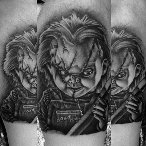 80 Chucky Tattoo Ideas For Men - Horror Movie Designs Chucky Tattoo, Horror Movie Tattoos, Horror Doll, Black And Grey Tattoo, Scary Films, Clown Tattoo, Doll Tattoo, Movie Tattoo, Movie Tattoos