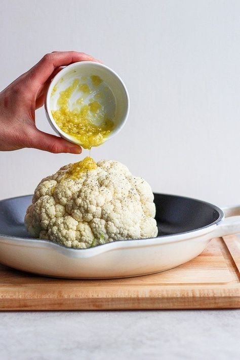 How to Roast Cauliflower in the Oven - how to roast a whole head of cauliflower in the oven so it turns out every time! (Dairy-Free/Whole30/Paleo/Plant-Based) #cauliflower #plantbased #howtoroastcauliflower #roastedcauliflower How To Roast Cauliflower, Cauliflower In The Oven, Roasted Cauliflower Head, Wooden Skillet, Roast Cauliflower, Paleo Vegetables, Whole 30 Snacks, Whole Roasted Cauliflower, Whole 30 Breakfast