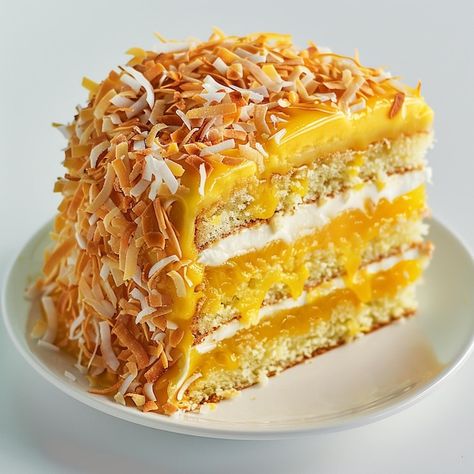 Photo mango passionfruit coconut cake wi... | Premium Photo #Freepik #photo Coconut And Mango Cake, Mango Coconut Cake, Passion Fruit Cake, Mango Passionfruit, Mango Cake, Mango Coconut, Delicious Cakes, Dessert Lover, Coconut Cake