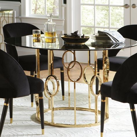 Gold Dinning Table, Round Glass Dining Room Table, Dining Table Glass, Glass Dining Room Table, Circular Dining Table, Gold Dining, Table Glass, Living Room Decor Fireplace, Kitchen Dining Tables