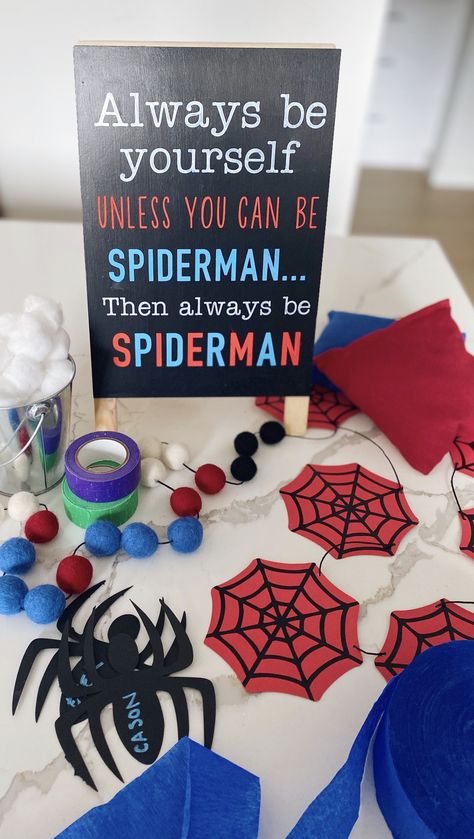 Game ideas for a Spider-Man birthday party.   - pin the spider on the Spider-Man  - hallway obstacle course, toss cotton balls on tape spiderweb at the end  - beanbag toss onto taped web on floor Spider Man Party Decorations Birthday Ideas, Spiderman 3rd Birthday Party Games, Spider Man Themed Birthday Party Games, Diy Spider Man Party Ideas, Spider Man Birthday Games, Games For Spiderman Birthday Party, Spiderman Dinosaur Party, Spiderman 6th Birthday Party, Black Spider Man Party Ideas