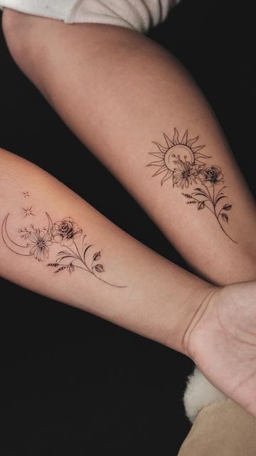 Womens Cute Tattoos, Cool Tattoos For Best Friends, Similar Tattoos For Sisters, Tarot Card Best Friend Tattoos, Matching Floral Tattoos For Best Friends, Sister Tattoo Placement Ideas, Tattoo Ideas For Soul Mates, Similar Best Friend Tattoos, Biblical Butterfly Tattoo