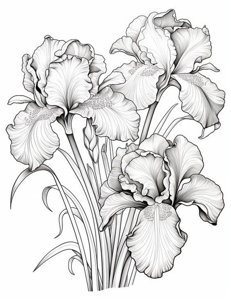 Iris Drawing, Printable Flower Coloring Pages, Flower Line Drawings, Flower Drawing Tutorials, Flower Art Drawing, Flower Sketches, Floral Drawing, Watercolor Flower Art, Flower Printable