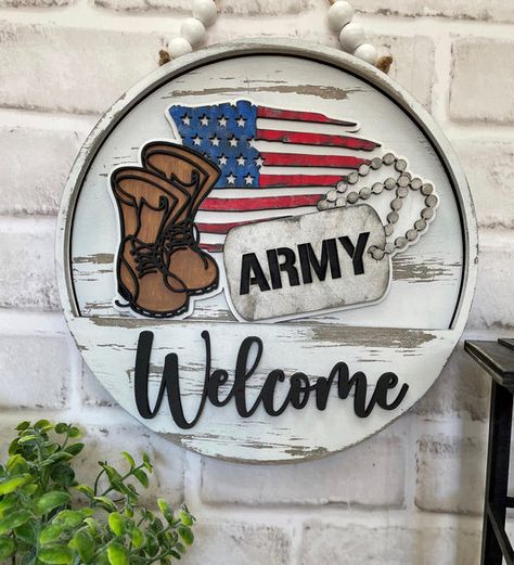 Army Door Hanger, Interchangeable Door Hanger, Military Crafts, Army Crafts, Patriotic Banner, Military Signs, Patriotic Door Hanger, Hanger Ideas, Laser Projects