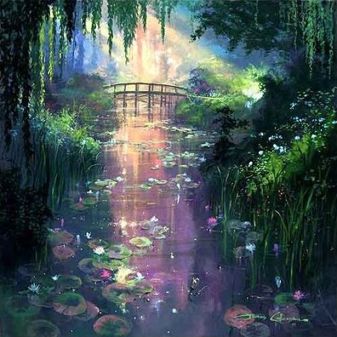 Landscape Diy, Seni 3d, Lukisan Cat Air, Painting Landscape, Fantasy Art Landscapes, Beginner Painting, 판타지 아트, Water Lilies, Fantasy Artwork