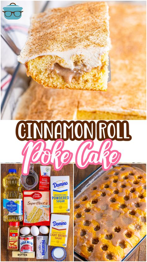 Cinnamon Roll Poke Cake is a vanilla cake poked with holes and filled with a cinnamon and brown sugar filling then topped off with a creamy homemade cream cheese frosting! Breakfast Desserts Easy, Cinnamon Roll Poke Cake, Mountain Terrace, Homemade Cream Cheese Frosting, Homemade Cream Cheese, Cake Mix Ingredients, Dump Cakes, Boxed Cake, Cake Mixes