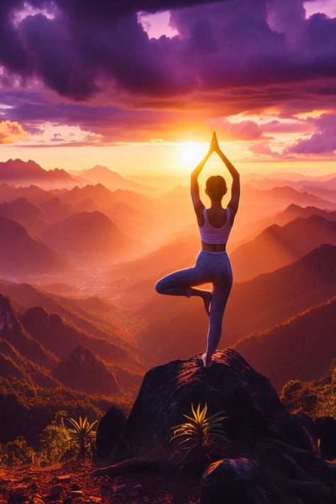 Discover harmony in nature with yoga at sunset. This AI-generated image features a woman practicing Tree pose, framed by a colorful sky and towering mountains. Ideal for wellness enthusiasts. Harmony In Nature, Colorful Sky, Tree Pose, Mountain Scene, In Nature, A Woman, Meditation, Yoga, Color