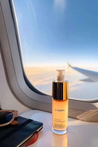 ↑↑↑ Larger size on website 🔸 A bottle of Eizberg skincare sits on the tray table of an airplane. The window behind it shows the c 🔸 From Midjourney AI Image Airplane Tray Table, Sky Sunset, Tray Table, The Clouds, The Window, Blue Sky, Tray, Notebook, Sunglasses