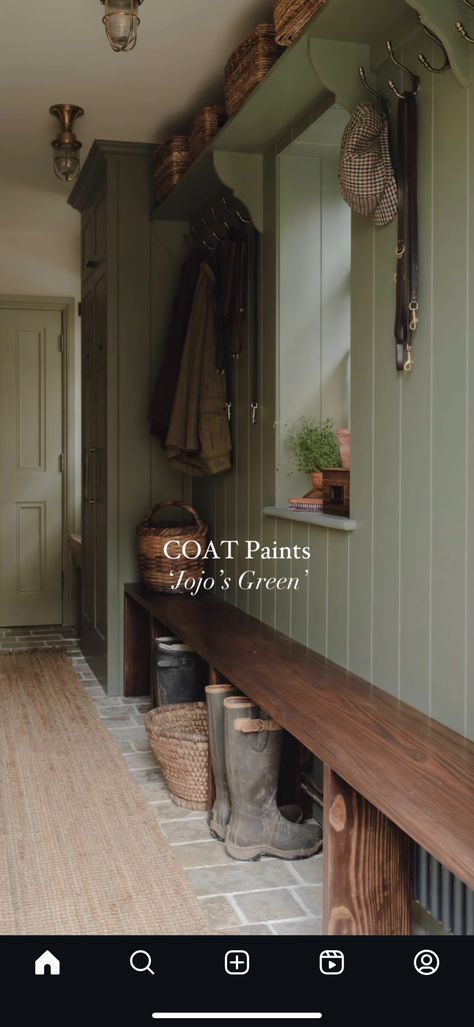 Entrance Hall Mudroom, Mud Room Green, Moss Green Hallway, Forest Green Mudroom, Narrow Boot Room, Sage Mudroom, Small Boot Room Ideas, Green Entrance Hall, English Mudroom