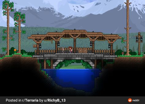 Terraria Bridge Design, Terraria Bridge Ideas, Terraria Bridge, Brick Bridge, Terraria Houses, Terraria Tips, Terrarium Base, Terraria House Ideas, Terraria House Design