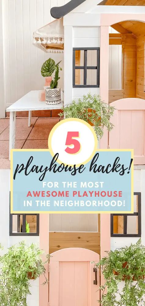 5 Easy Upgrades to Create an Awesome Playhouse! •Playhouse Makeover + Hacks• - Tiffanie Anne Blog Cafe Playhouse, Wood Playhouse Makeover, Makeover Playhouse, Kids Table Diy, Painted Playhouse, Playhouse Windows, Inside Playhouse, Playhouse Decor, Playhouse Interior