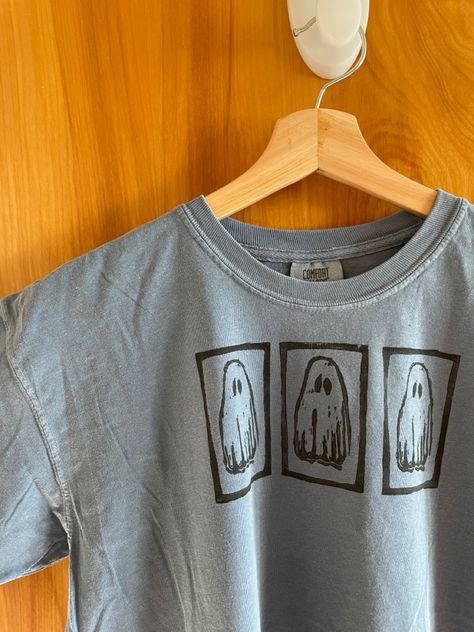 Blue shirt with a design of three ghosts Friends Shirt, Linocut Prints, Linocut, Handmade Shop, Block Print, Comfort Colors, Tshirt Print, Printed Shirts, Print T Shirt