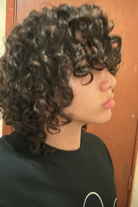 Curly Haircuts Men Long, Curly Hair Bangs Layers, Curly Hair With Bangs Men, Transmasc Curly Hair, Ethan Garcia Hair, Short Shaggy Curly Haircuts, Curly Shag Haircut Men, Curly Masc Haircut, Short Curly Hair Wolf Cut