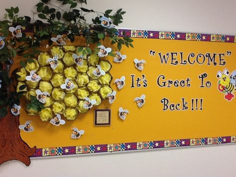 Bee hive bulletin board from a creative teacher at my school! Bee Hive Bulletin Board, Bee Bulletin Boards, Bee Classroom Decor, Bee Crafts For Kids, Bee Themed Classroom, Bee Classroom, Preschool Bulletin, Preschool Bulletin Boards, Bulletin Board Ideas