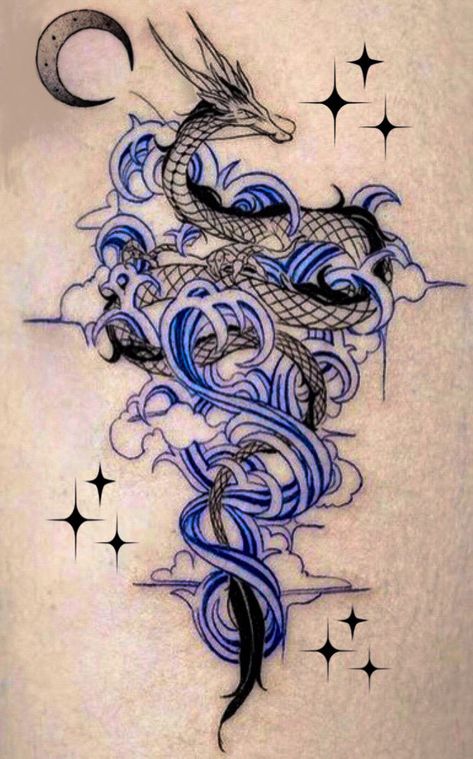 Blue Dragon Tattoo For Women, Small Simple Tattoo Ideas For Women, Dragon With Moon Tattoo, Water Dragon Tattoo For Women, Japanese Tattoo Art Women, Water Dragon Tattoo, Blue Dragon Tattoo, Dragon Tattoo Drawing, Ink Tattoo Design