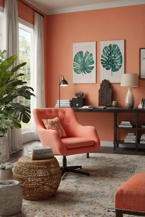 Embark on a daily interior designer routine with the best wall paint color for tropical vibes: Coral Island (SW 6332)! Dive into island-inspired decor for 2024. #Ad #homedecor #homedesign #trendgirlApartment #Painthome #interiorarchitecture Wall Colors Green Room Colors
Bright Room office Colors
Apartment Renovation
Home office Remodeling
Modern Paint Colors
2024 Bright Colour Room Ideas, Coral Wall Paint Living Room, Coral Living Room Walls, Coral Wall Color, Coral Wall Paint, Tropical Paint Colors, Bright Wall Colors, Coral Living Room, Coral Office