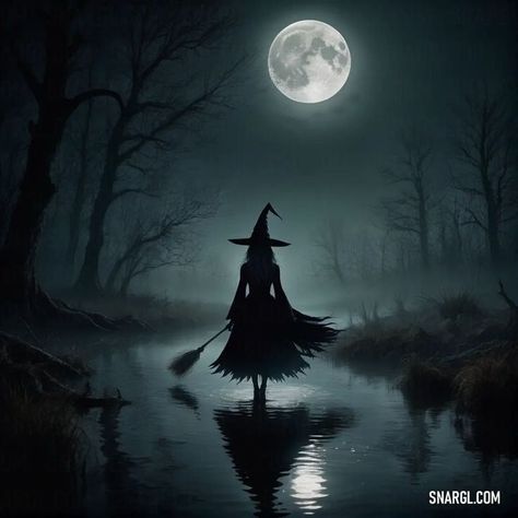 Witch Flying On Broom Full Moon, Water Witch Aesthetic, Green Esthetic, Haunted Videos, Witch Flying On Broom, Witch Flying, Water Witch, Painting Night, Broom Closet