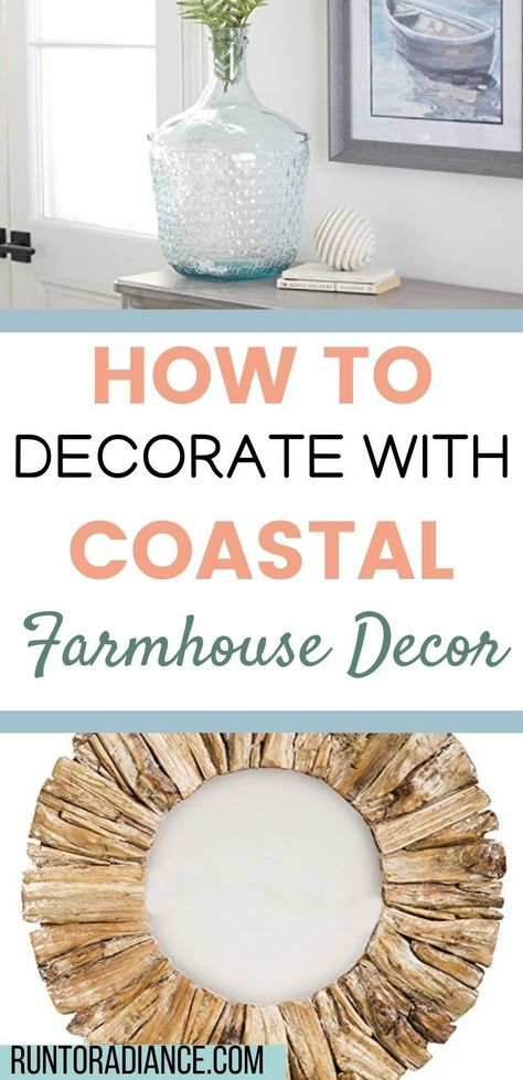 If you love the shabby chic elements of popular farmhouse decor and are fond of coastal design, then you’ll be a fan of coastal farmhouse decor. This blend of styles is traditional and trendy. Bringing these two together can really make a home feel inviting – and relaxing at the same time! #runtoradiance #interiordesign #coastal #farmhouse #design Coastal Above Bed Decor, Modern Coastal Mantle Decor, Coastal Farmhouse Bedding, Coastal Farmhouse Decor Ideas, Coastal Southern Decor, Coastal Indoor Plants, Coastal Farmhouse Decor Bedroom, Coastal Farmhouse Decor Living Room, Nautical Bed