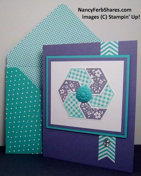 Hexagon Punch Cards, Patchwork Cards, Hexagon Cards, Quilt Cards, Shaped Cards, Purple Turquoise, Punch Cards, Card Patterns, Pretty Cards