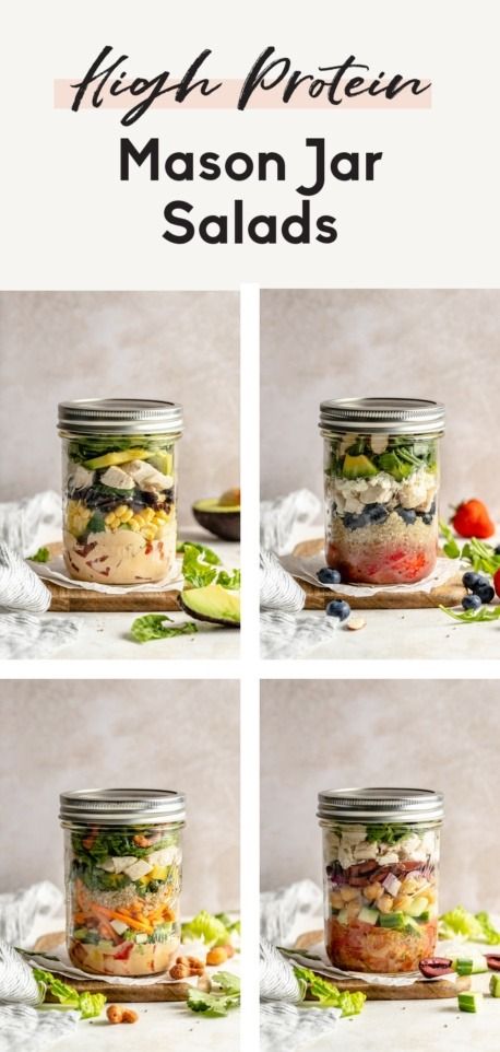 Four easy high protein salads in jars that make the perfect meal prep lunch! These mason jar salads are filled with fresh veggies and packed with protein from chicken. Customize each salad with a homemade or store-bought dressing for ease, and enjoy lunch in no time. #saladrecipes #mealprep #healthylunch #masonjarsalad #saladjars Taco Salad Jar Meal Prep, High Protein Salad Jars, Meal Prep Salads In A Jar, Ball Jar Salads, Mason Jar Salads For A Week Meal Prep, Salads In A Jar Recipes, Mason Jar Food Ideas, Jar Lunch Ideas, Lunch Treats