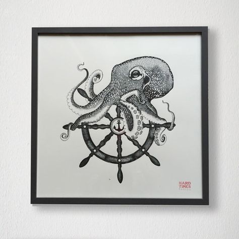 Octopus- ship wheel-anchor illustration screen print on high quality paper. Original handmade design hand-printed on white ivory paper. Anchor Illustration, Story Tattoo, Sailor Tattoo, Ship Wheel, A Ship, Dreamcatcher Tattoo, Handmade Design, Life Art, Textile Art