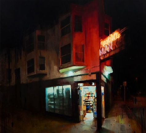 If It's Hip, It's Here (Archives): Artist Kim Cogan Captures The Quiet Side Of City Life With A Paintbrush. Kim Cogan, Artist Interview, Dark Corners, Cityscape Painting, Night Painting, Painting Process, Urban Landscape, City Life, Landscape Painting