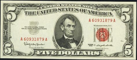 1963 Red Seal Five Dollar Bills - Values and Pricing | Sell Old Currency 5 Dollar Bill, Dollar Usa, Dollar Note, Federal Reserve Note, Currency Note, Teen Money, Silver Certificate, Two Dollars, The United States Of America