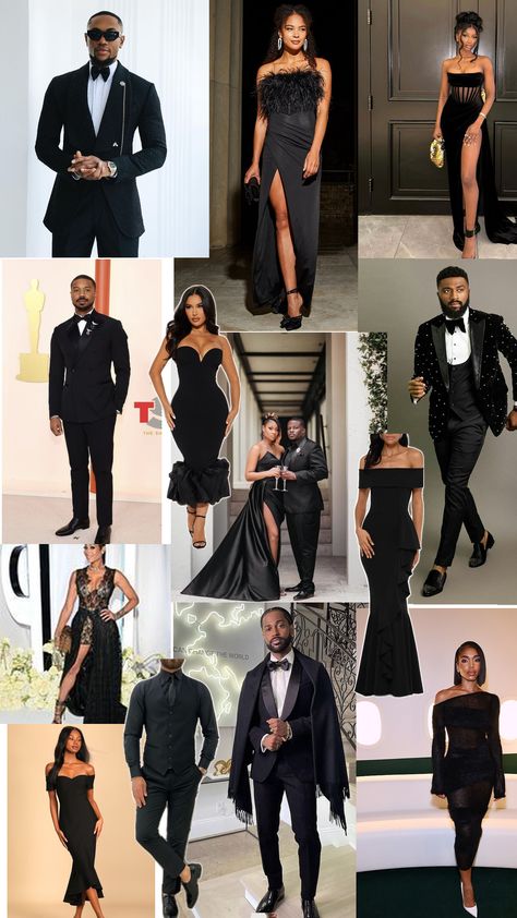 Black Tie Event Decorations Party Ideas, All Black Black Tie Wedding, All Black Attire Party Night, Black Tie Decorations, Black Tie Event Decorations, All Black Formal Attire, All Black Event, Black Formal Attire, Black Tie Wedding Guest Attire