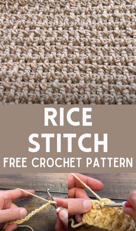 Crochet Rice Stitch Mini Basket Weave Crochet Stitch, Relief Stitch Crochet, Rice Stitch Crochet Blanket, Surface Stitch Crochet, Dense Crochet Stitch, New Crochet Stitches, Crochet Rice Stitch, Textured Crochet Stitches, Crochet Seed Stitch