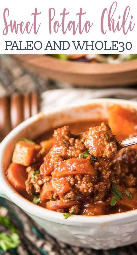 Paleo Sweet Potato Chili Whole30 Chili, Whole30 Sweet Potato, Sweet Potato Chili Recipe, Potato Chili, Paleo Chili, Chipotle Chili, Sweet Potato Chili, Stuffed Sweet Potato Healthy, Spicy Chili