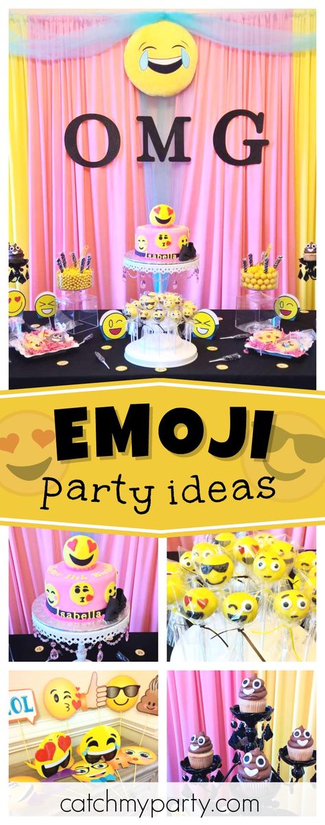 Check out this awesome pre-teen Emoji birthday party. Love the cookies!! See more party ideas and share yours at catchMyParty.com Party Emoji, Emoji Balloon, Birthday Emoji, Emoji Cake, Emoji Birthday Party, Emoji Party, Emoji Birthday, Teen Birthday, Birthday Party Games