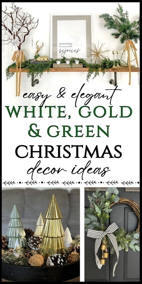 Here are ideas for a classy Christmas aesthetic - white, gold, and green! Budget-friendy ideas Christmas decor for the living room, dining room, and front porch! Easy Christmas DIYs and decorating ideas. Bonus- see other bloggers' homes in the Bloggers Best Holiday Home Tour! Christmas Themes Decorations Decor Ideas, Christmas Decor Ideas Green, Gold Green Color Palette, Green Gold Christmas Decor, Green White And Gold Christmas, Silver Gold Christmas Decorations, Green Christmas Decor Ideas, White And Green Christmas Decor, Green And White Christmas Decor